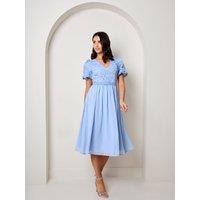 Chi Chi London Women's Puff Sleeve Premium Lace Midi Dress in Blue | Size: 8
