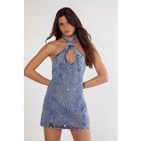 NastyGal Women's Eyelet Denim Dress in Light Wash | Size: 8
