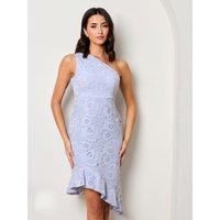 Chi Chi London Women's One Shoulder Premium Lace Asymmetric Mid Dress in Blue | Size: 12