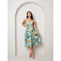 Chi Chi London Women's Sleeveless Floral Print Midi Dress in Blue | Size: 10