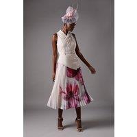 Pleated V Neck Sleeveless Pleated Skirt Midi Dress