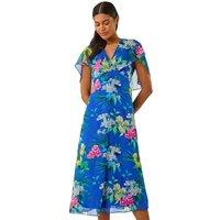 Roman Women's Floral Chiffon Back Cape Dress in Blue | Size: 14