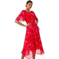 Roman Women's Floral Frill High Low Midi Dress in Red | Size: 18