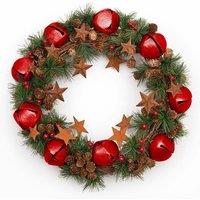 Shatchi 40cm Christmas Wreath with Jingle Bells Stars Pine Cones Berries Leaves for Outdoor in Red