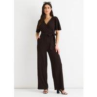 Gini London Women's Chocolate Textured Jersey Wrap Wide Leg Jumpsuit | Size: 10