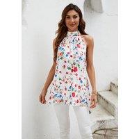 FS Collection Women's Multicolour Floral Print Halter Neck Tie Back Top In White | Size: Small