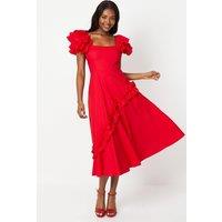 Frill Sleeve Ruffle Skirt Cotton Midi Dress