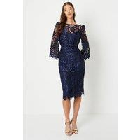 Coast Women's Satin Lace Boat Neck Midi Dress With Fluted Sleeve in Navy | Size: 10