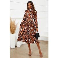 FS Collection Women's Floral Print High Neck Long Sleeve Midi Dress In Rust in Copper | Size: XL