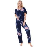Camille Women's Lightweight Floral Print Pyjama Set in Dark Navy | Size: 18-20