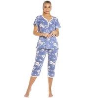 Camille Women's Lightweight Floral Capri Pyjama Set in Light Blue | Size: 18-20