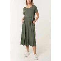 HOXTON GAL Women's Oversized Round Neck Stretch Tiered Midi Dress in Khaki