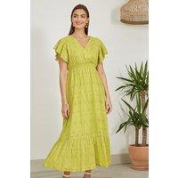 Yumi Women's Lime Cotton Broderie Anglaise Wrap Midi Dress in Light Green | Size: 8