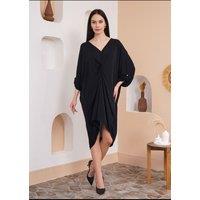 HOXTON GAL Women's Oversized Twist Front Detailed Button Sleeve Mini Dress in Black Glitter
