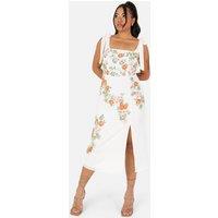 Maya Deluxe Women's Tie-Shoulder Embellished Midi Dress in White | Size: 18