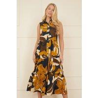 Yumi Women's Navy Cotton Leaf Midi Sleeveless Shirt Dress | Size: 12