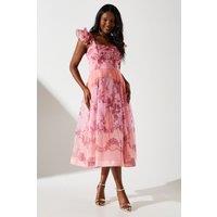 Coast Women's Frill Sleeve Square Neck Midi Dress in Pink | Size: 10
