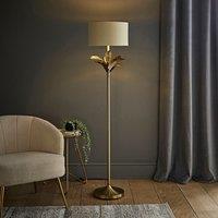 ValueLights Christina Fabric with Gold Inner Drum Shade Gold Palm Leaf Floor Lamp with Bulb in Beige