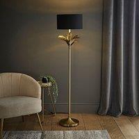 ValueLights Christina Fabric with Gold Inner Drum Shade Gold Palm Leaf Floor Lamp with Bulb in Black