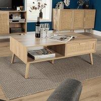 Home Source Coffee Table Rattan Front Drawer Open Shelf Solid Wooden Legs in Natural