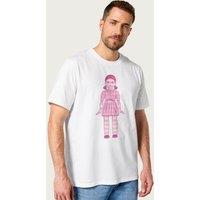 Squid Game Men's Red Light Green Light Doll Red Sketch T-Shirt in White | Size: Small