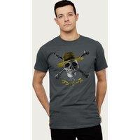One Piece Men's Luffy Straw Hat Pirates Logo Skull & Crossbones T-Shirt in Charcoal | Size: 2XL
