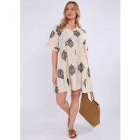 Gini London Women's Beige Embroidery Smock Oversized Mini Shirt Dress | Size: Medium/Large