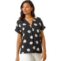 Roman Women's Daisy Print Pleat Front Top in Black | Size: 10