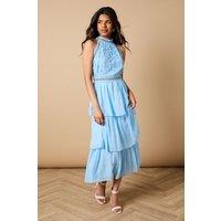 Oasis Women's Petite Lace Tiered Halterneck Midi Dress in Blue | Size: 12
