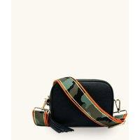 Black Leather Crossbody Bag With Orange & Gold Stripe Camo Strap