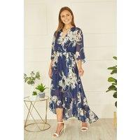Yumi Women's Navy Floral Kimono Sleeves Dip Hem Wrap Midi Dress | Size: 12