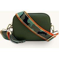 Olive Green Leather Crossbody Bag With Orange & Gold Stripe Camo Strap
