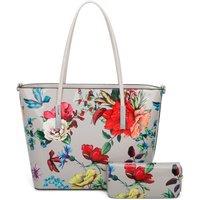 Fontanella Fashion Women's Fleur Glossy Flower Print Shoulder Tote Bag & Purse 2 in 1 in Light Grey