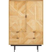 Orsina Natural Wooden Cabinet, Carved Geometric Wood-Effect Front, Rustic Wood Storage Cabinet on Black Metal Legs