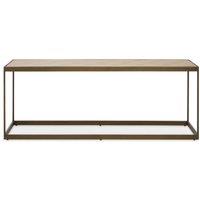 Orsina Brown Coffee Table, Oak Veneer Wooden Top With Brushed Brass Steel Frame, Sledge Base Coffee Table