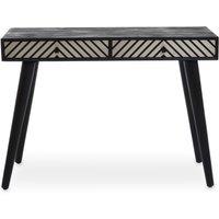 Orsina Acacia Wood Console Table with Embossed Drawers, Travel-Inspired 2 Drawer Entryway Table in Black