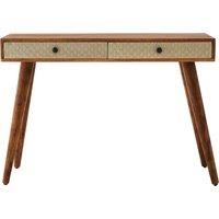 Orsina Acacia Wood Console Table with Embossed Drawers, Travel-Inspired 2 Drawer Entryway Table in Natural
