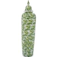 Orsina Large Botanic Ceramic Jar, Green & White Botanical Floor Standing Vase With Lid, Classic Decorative Piece