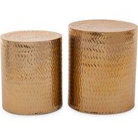 Orsina Set Of 2 Gold Finish Stools, Handcrafted Chevron Pattern Cylindrical Stools, Warm Metallic Finish Iron Stools