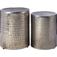 Orsina Set Of 2 Gold Finish Stools, Handcrafted Chevron Pattern Cylindrical Stools, Warm Metallic Finish Iron Stools in Silver