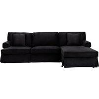 Orsina ThreeSeat Black Velvet Chaise Sofa, Black Velvet Upholstery with Wooden Base, Padded KeyStyle Arms