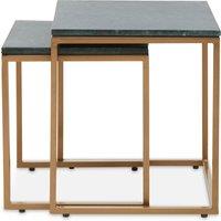 Orsina Nest Of 2 Green Marble Top Tables, Square Green Marble Surface With Gold Finish Iron Frame, Nesting Tables