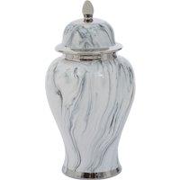 Orsina Large Marble Effect Ceramic Jar, Urn Shaped Decorative Jar With Lid & Silver Trim, White Marble Vase