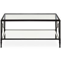 Orsina Rectangular Coffee Table, Black-Finish Metal Frame with X‑Side Cross, Dual‑Tier Tempered Glass Shelves in Black