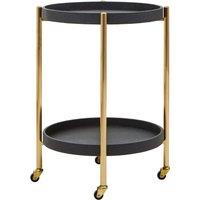 Orsina Two Tier Black Tray Table Trolley, Matte Gold Frame with Black Shagreen Shelves, Functional Drinks Trolley