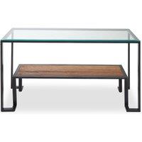 Orsina Roman Console Table, Rectangular Tempered Glass Top on Black Metal Frame, Teak‑Wood Lower Shelf Console
