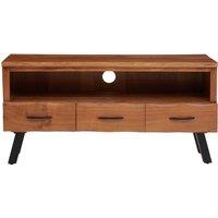 Orsina ThreeDrawer Acacia Media Unit, Natural Acacia Wood TV Cabinet with Open Shelf & Drawers, Industrial Black