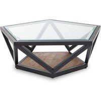 Orsina Pentagon Coffee Table, Unique Pentagon Tempered Glass Top with Bronze-Finish Metal Scalloped Frame in Black