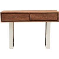 Orsina Acacia Wood Two Drawer Console Table, Silver Finish Metal Frame With Sled Base, Wooden Hallway Table in Brown