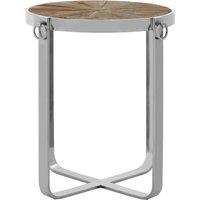 Orsina Boho Side Table With Elm Wood Top, Geometric Interlocking Pattern, Stainless Steel Cross Base in Silver